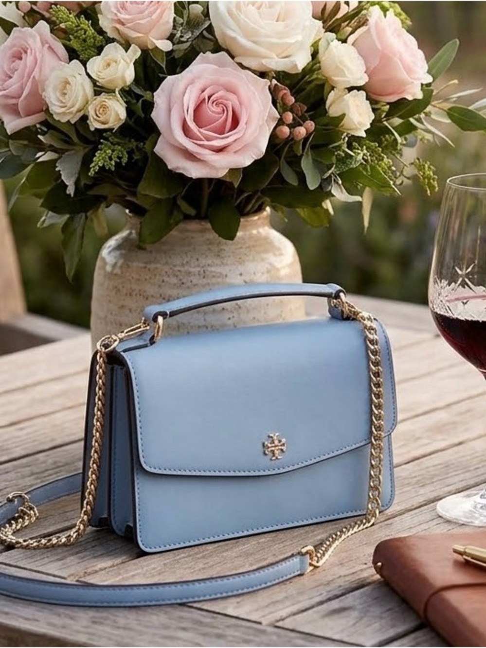 Tory Burch Emerson Saffiano Leather Top Handle Blue Crossbody Bag With Chain